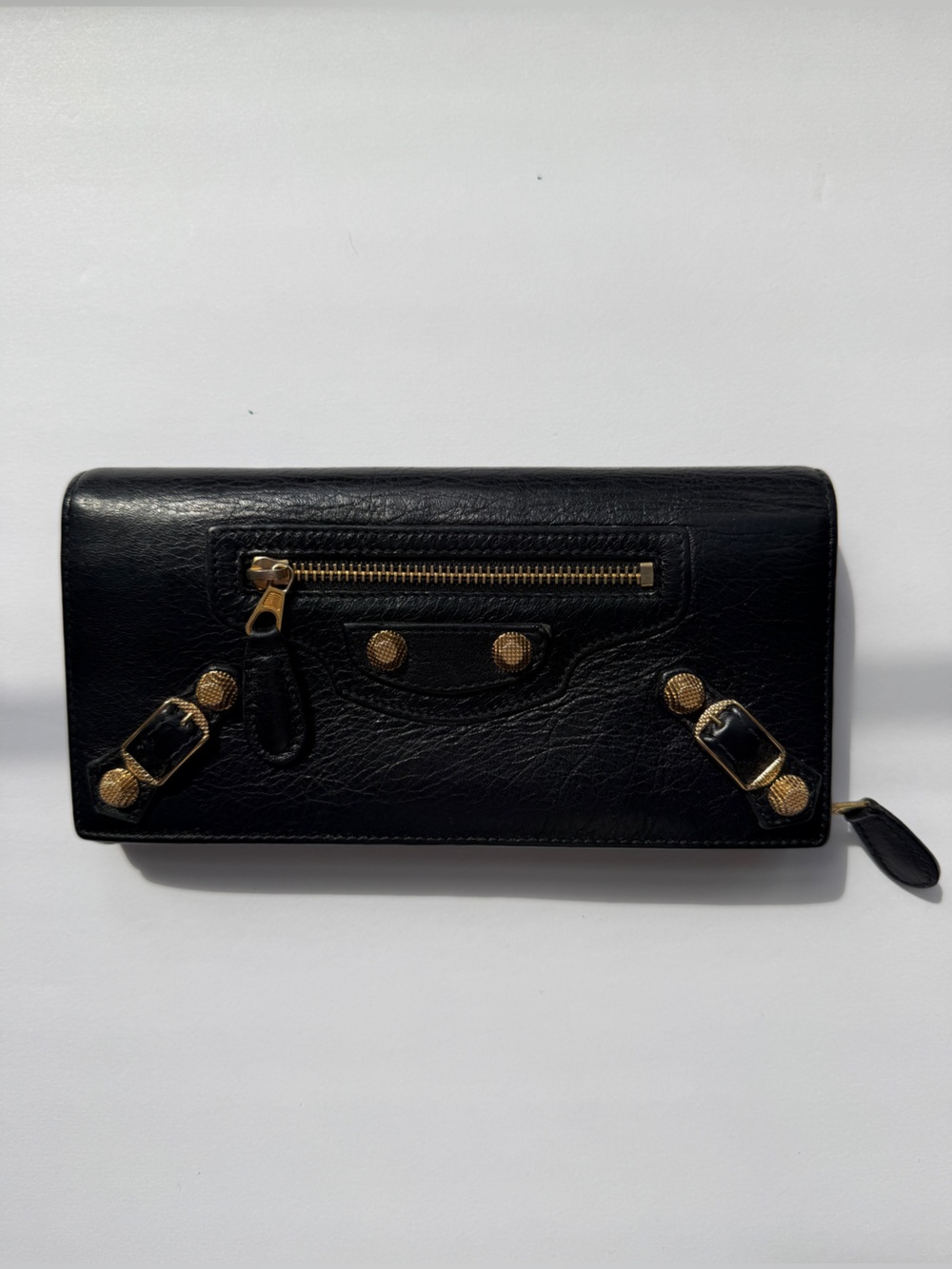 Balenciaga City Black Leather Zip-Around Wallet with Gold Hardware